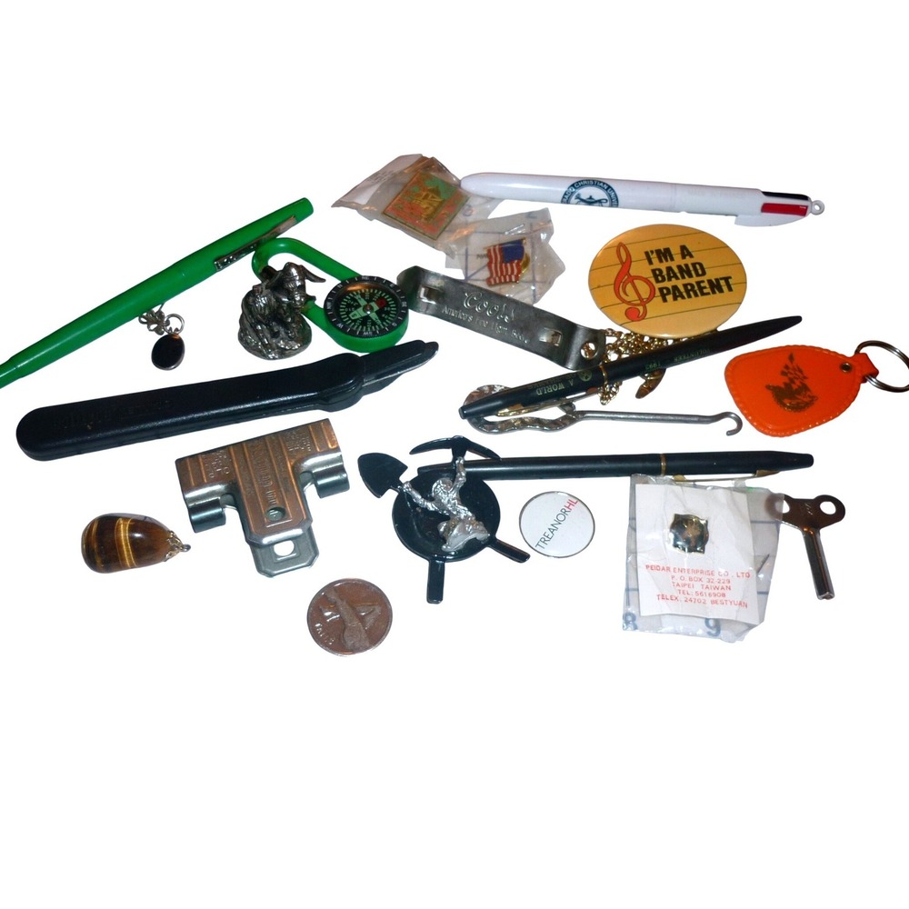 Vintage Estate‎ Junk Drawer Lot Advertising Pens Pins Coors Key Novelty Coin